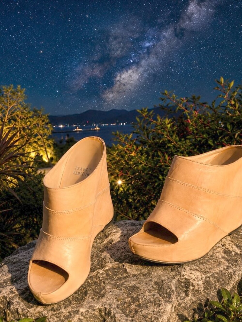 STUART WEITZMAN sz.9.5 Nude Leather, BNIB Platform Slides MULES Wedge Sandals - Picture 2 of 9